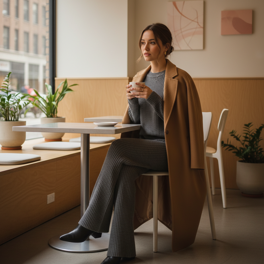 Model in a city cafe wearing a neutral knit set
