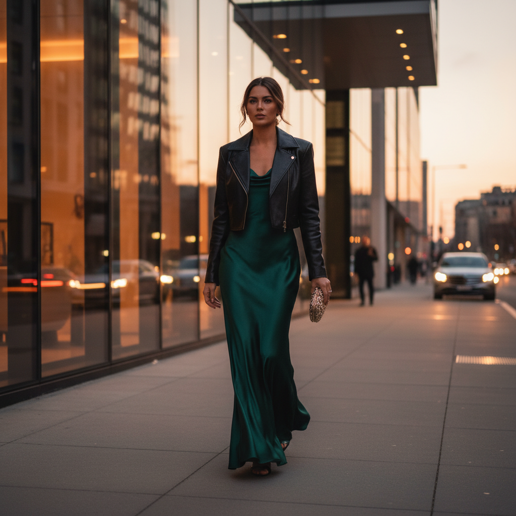 Model at dusk wearing a satin dress and cropped jacket